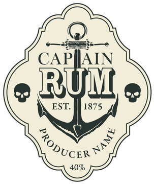 Vector label for Captain RUM, decorated with an old ship anchor and human skulls in a curly frame. Monochrome label, price tag or sticker in retro style, isolated on a white background