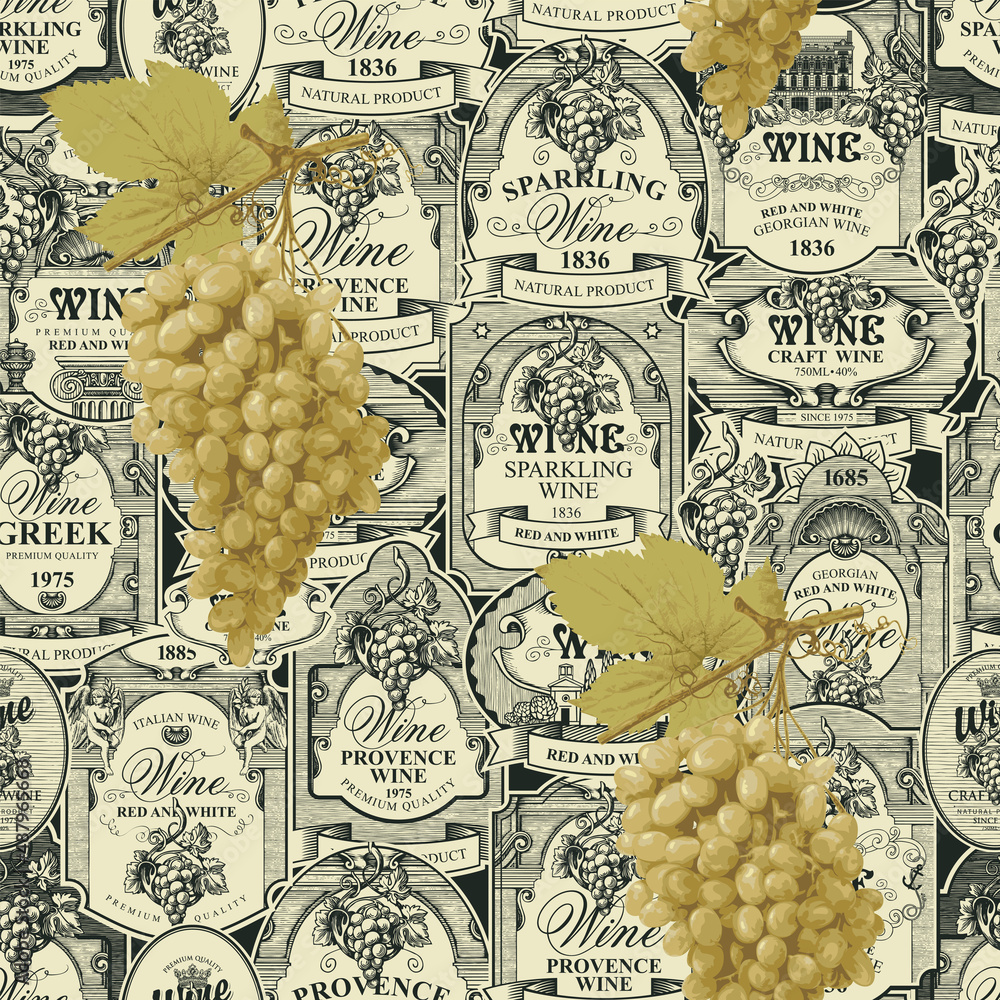 Poster seamless pattern with realistic bunches of green grapes on a backdrop of hand-drawn wine labels. vec