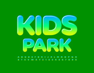 Vector creative Logo Kids Park. Trendy Glossy Font. Artistic Alphabet Letters and Numbers