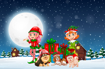 Snowy winter night with Christmas elves and dogs