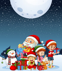 Snowy winter night with Santa Claus and cute dogs