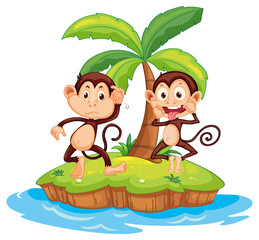 Two funny monkeys cartoon character on isolated island