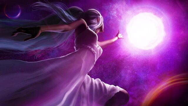A beautiful girl in a white summer dress is flying in her wonderful dream through space in weightlessness, she is reaching for a bright white clot of light in the midst of planets and stars 2d art 
