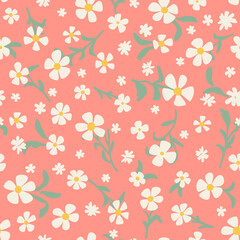 Blossom flowers with leaves seamless repeat pattern. Random placed, vector botany all over surface print.