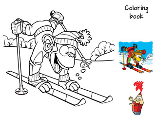 Funny monkey skiing. Coloring book