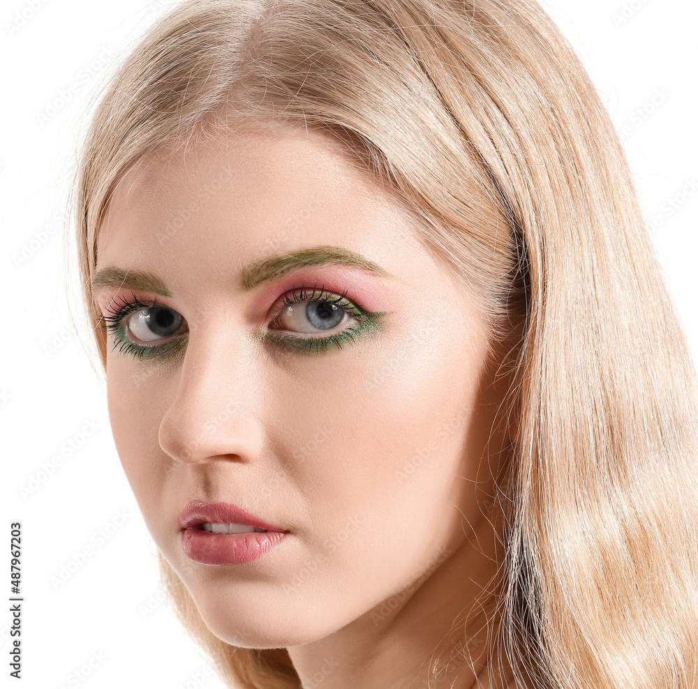 Poster beautiful girl with unusual eyebrows on white background