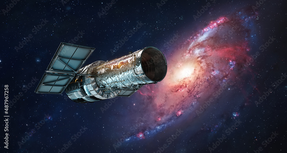 Aufkleber space telescope hubble in space near bright galaxy. milky way and far worlds research. space observa