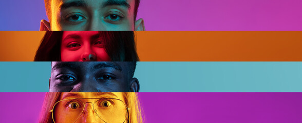 Neon stripes, loines. Closeup human eyes on multicolored background in neon light. Collage made of...