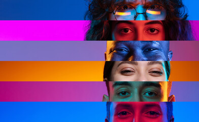 Neon stripes, loines. Closeup human eyes on multicolored background in neon light. Collage made of...