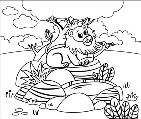 Black and white lion character is sitting on a rock. Vector illustration.