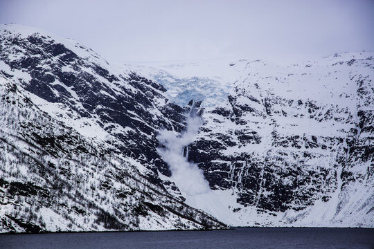 Ongoing Snow Avalanche At A Fjord In Finnmark, Norway