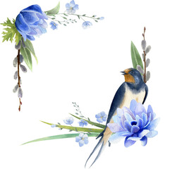 Floral corner elements with blue flowers, leaves, herbs and bird. Spring mood for your designs. All elements is hand-draw in watercolor. For postcards, business cards, invitations, greetings and other