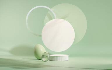 Easter eggs podium with 3d render vector in pastel blue and green background. Easter day with geometry platform for product. stand to show cosmetic products. Stage showcase on pedestal display.

