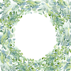 Floral wreath.Garland of a green branches.Frame of a herbs.Watercolor hand drawn illustration.It can be used for greeting cards, posters, wedding cards.	 - 487968888