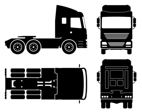 Truck silhouette on white background. Vehicle monochrome icons set view from side, front, back, and top