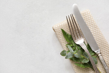 Stylish cutlery on white background, closeup