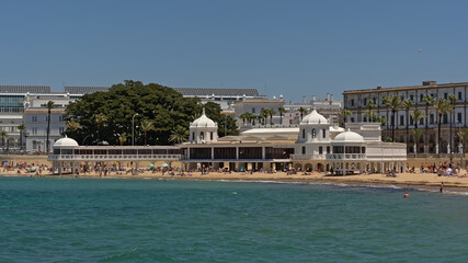 La caleta beach in Cadiz, with building of the headquarters of the Underwater Archeology Center of Andalusia