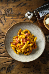 Pasta with pastrami and cheese