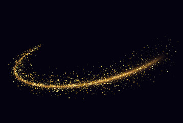 Fototapeta na wymiar Golden shimmering wave with light effect on black background. Glittering trail of stardust.