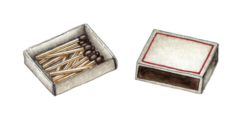 Watercolor illustration of an open matchbox full of red matches. Get the flame. Light the fire. Burnt wooden stick. Hand drawn doodles. Isolated on white background. Drawn by hand