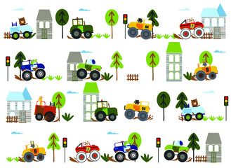 vector colored cars and trees, street, children's background in flat style