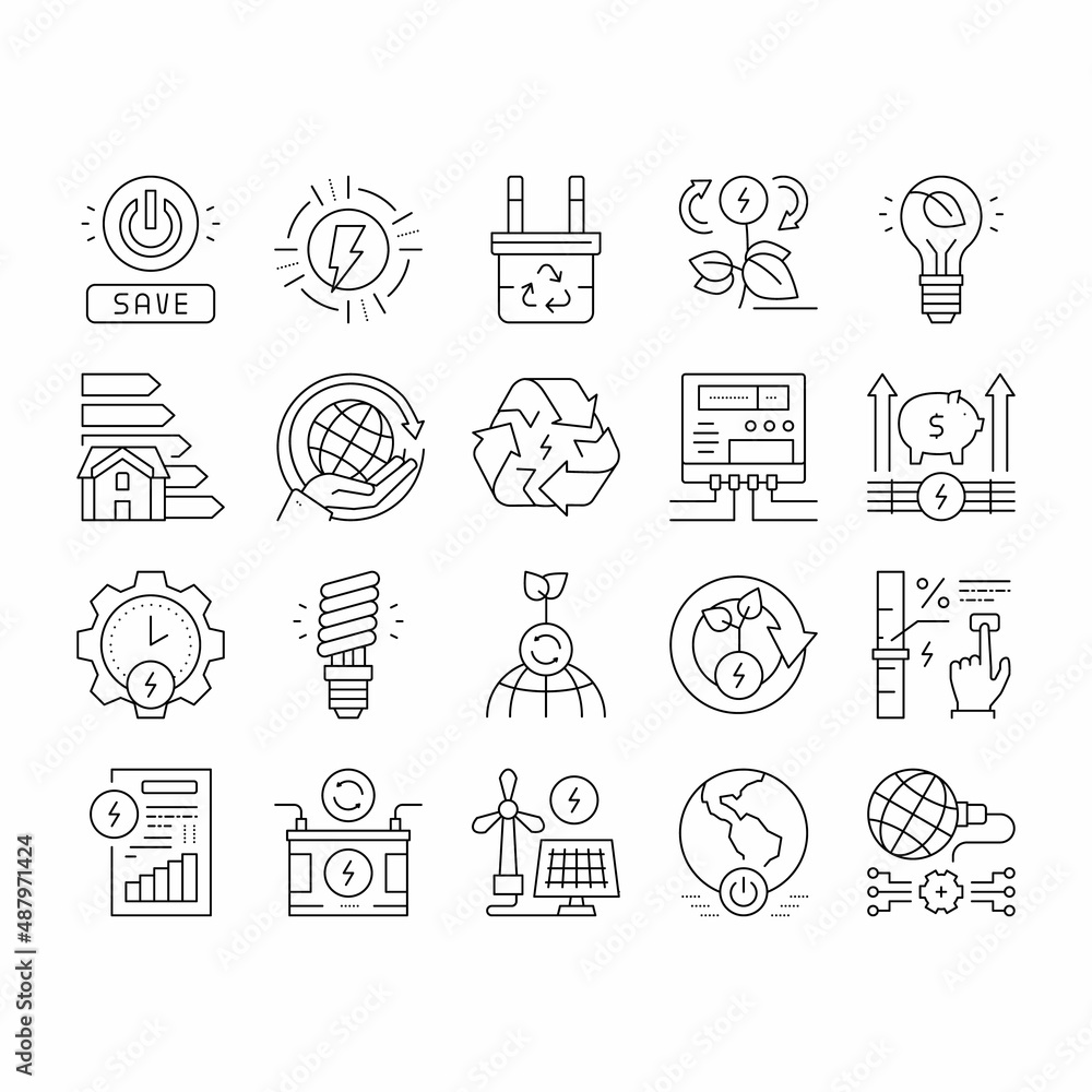 Poster energy saving tool collection icons set vector .