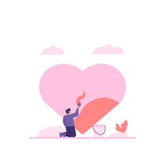illustration of a person preparing for a valentine's party celebration. paint hearts. celebrating an event or festival. happy Valentine. flat cartoon style. vector design. ui, element, landing page
