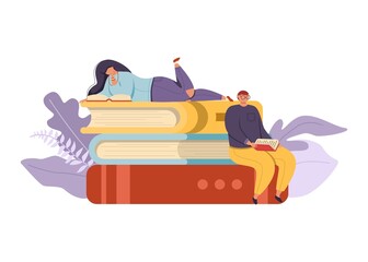 Young stylish man and woman are sitting and lying on a stack of giant books and reading.