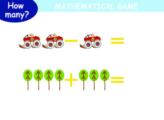 mathematical examples of addition and subtraction with colored cars