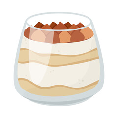 Italian tiramisu in a glass. Sweet dessert with layers of Savoyardi cookies and Mascarpone cheese in a mug. Vector illustration.