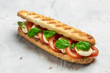 Pressed and toasted panini caprese with tomato, mozzarella and basil, Caprese Panini Sandwich. Delicious breakfast or snack, Clean eating, dieting, vegan food concept. top view