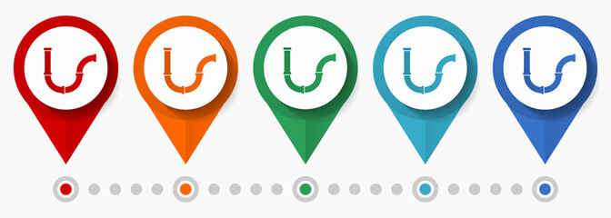 Pipe, tube service concept vector icon set, flat design industrial pointers, infographic template easy to edit