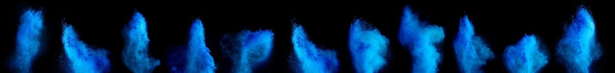 set collection row cyan blue holi paint color powder explosion isolated on dark black background....