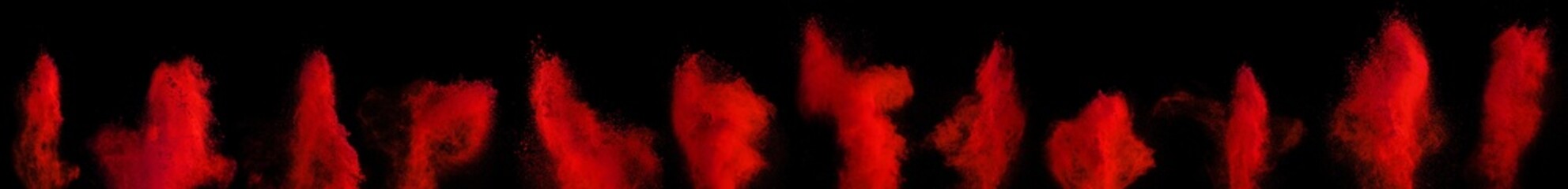 set collection row red holi paint color powder explosion isolated on dark black background....