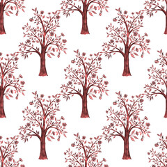 Fototapeta na wymiar Watercolor seamless pattern with blooming spring trees. Hand drawn abstract landscape background. Beautiful spring print for any kind of a design. 
