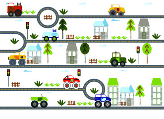 Baby City map with roads, transport, trees and houses. Flat vector illustration.