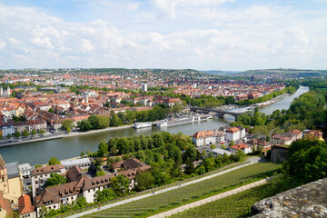 Fototapeta na wymiar a beautiful cityscape of Wurzburg with Old Main Bridge on a sunny spring day (Wuerzburg, Germany) 
