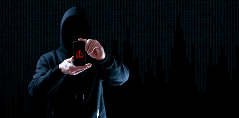 Cyber security hacker smartphone. Internet web hack technology. Digital mobile phone in hacker man hand isolated on black banner. Data protection, secured internet access, cybersecurity. © Maksym