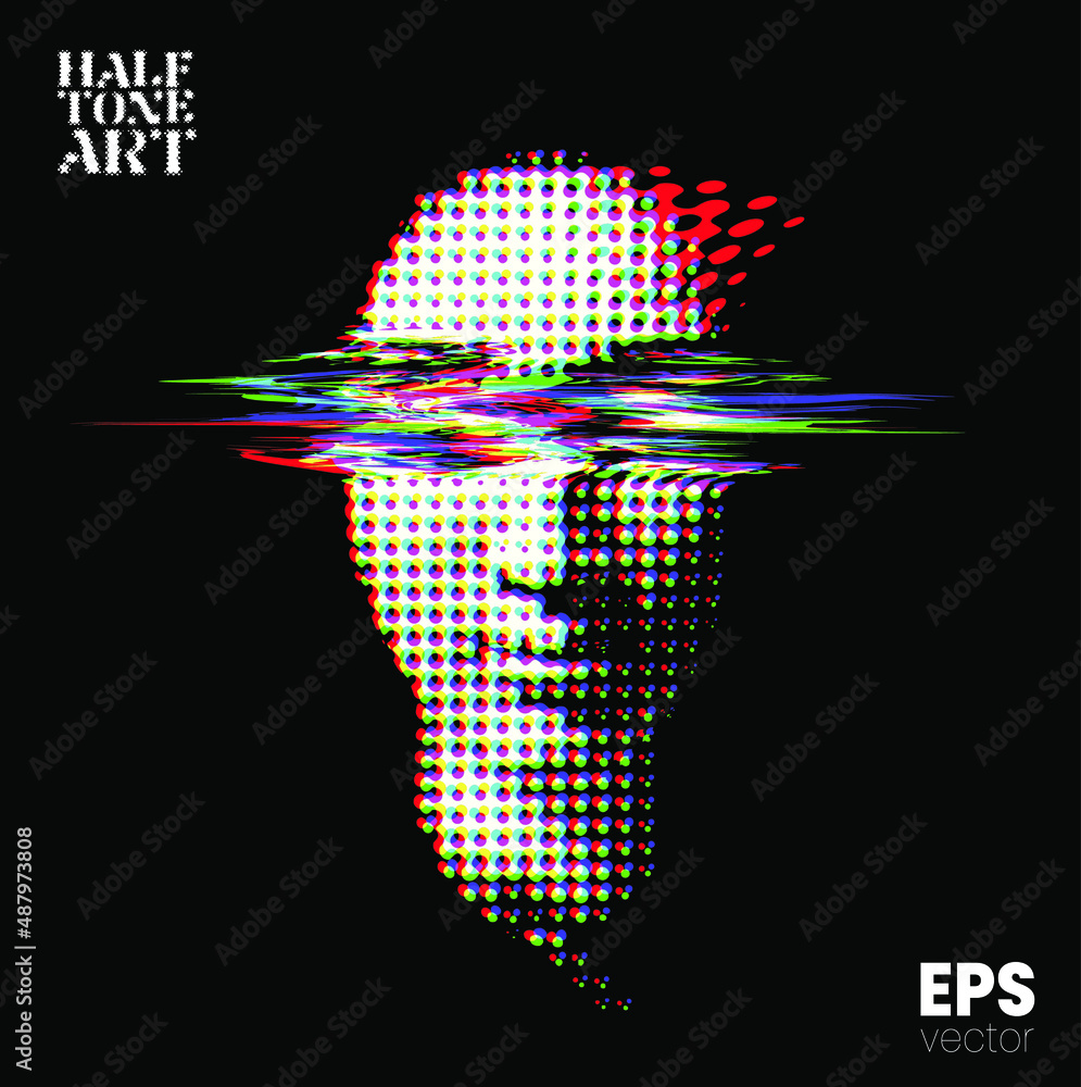 Poster halftone art. vector dot halftone in rgb color offset mode and glitch corrupted illustration from 3d