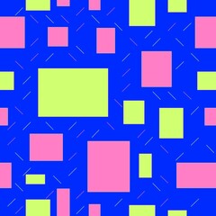 Seamless pattern of pink and green rectangles and dashes on a bright blue background for textiles.