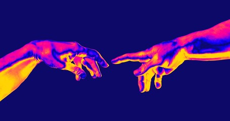 Reaching hands in pink and blue vaporwave and synthwave style concept illustration isolated on dark  blue background.