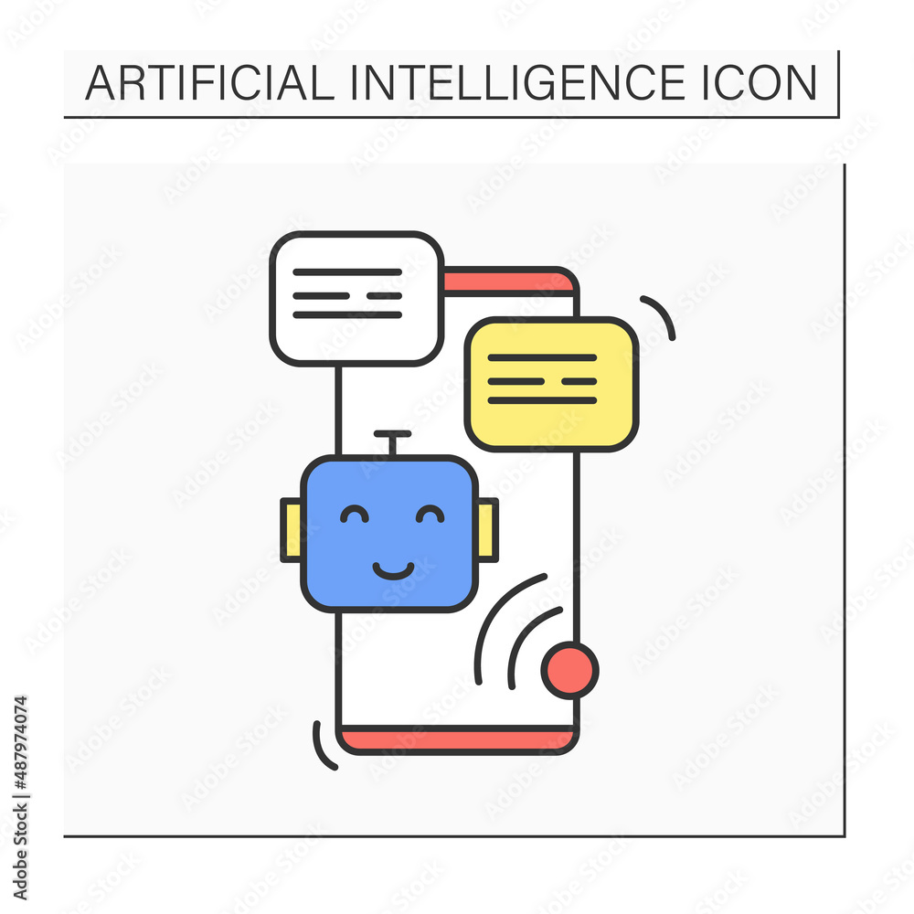 Poster voice to text color icon. smartphone, robot, audio and message bubble. concept of mobile chat and on