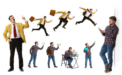 Collage with two men, office employees working on project isolated over white background
