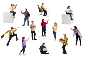 Collage. Business people, employees, managers working on projects isolated over white background