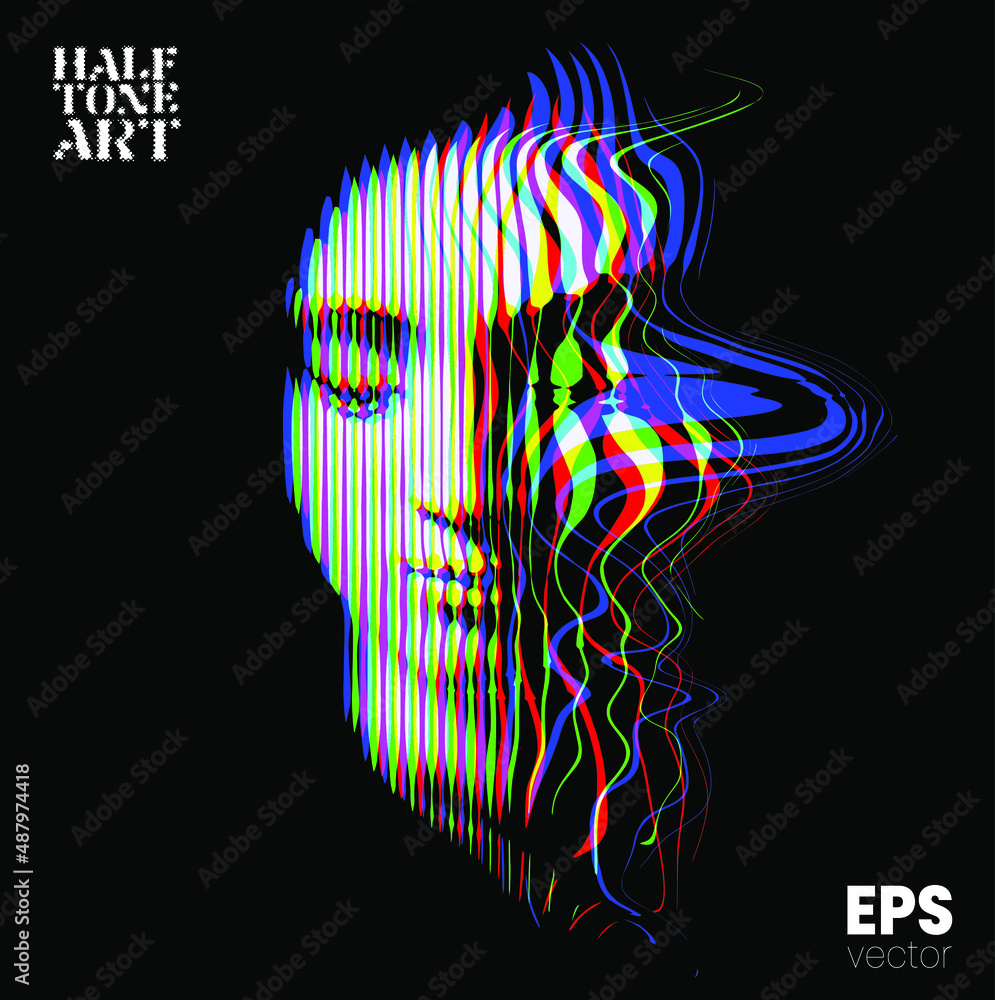 Poster halftone art. vector rgb color illustration from 3d rendering of side glitch distorted female face i