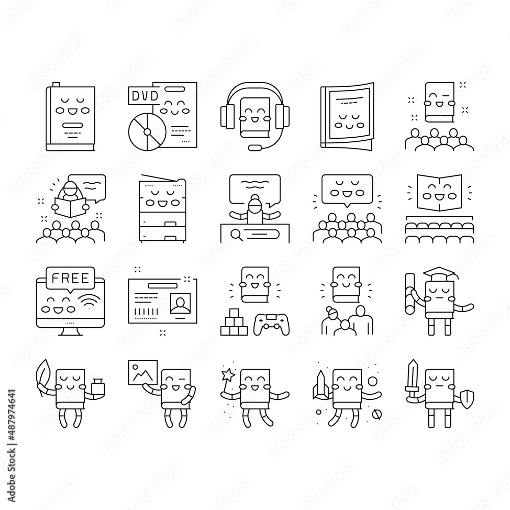 Poster children library read collection icons set vector .