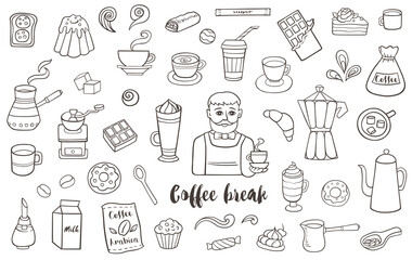 Coffee and sweets vector doodles