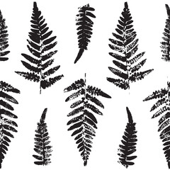 Seamless pattern with fern leaves paint prints isolated on white background 8