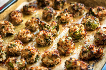 home made baked meat balls on baking tray