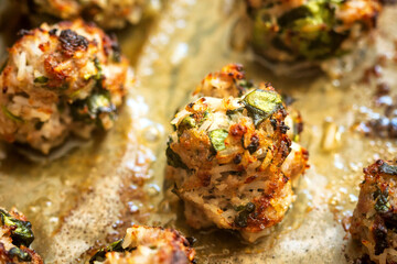 home made baked meat balls on baking tray